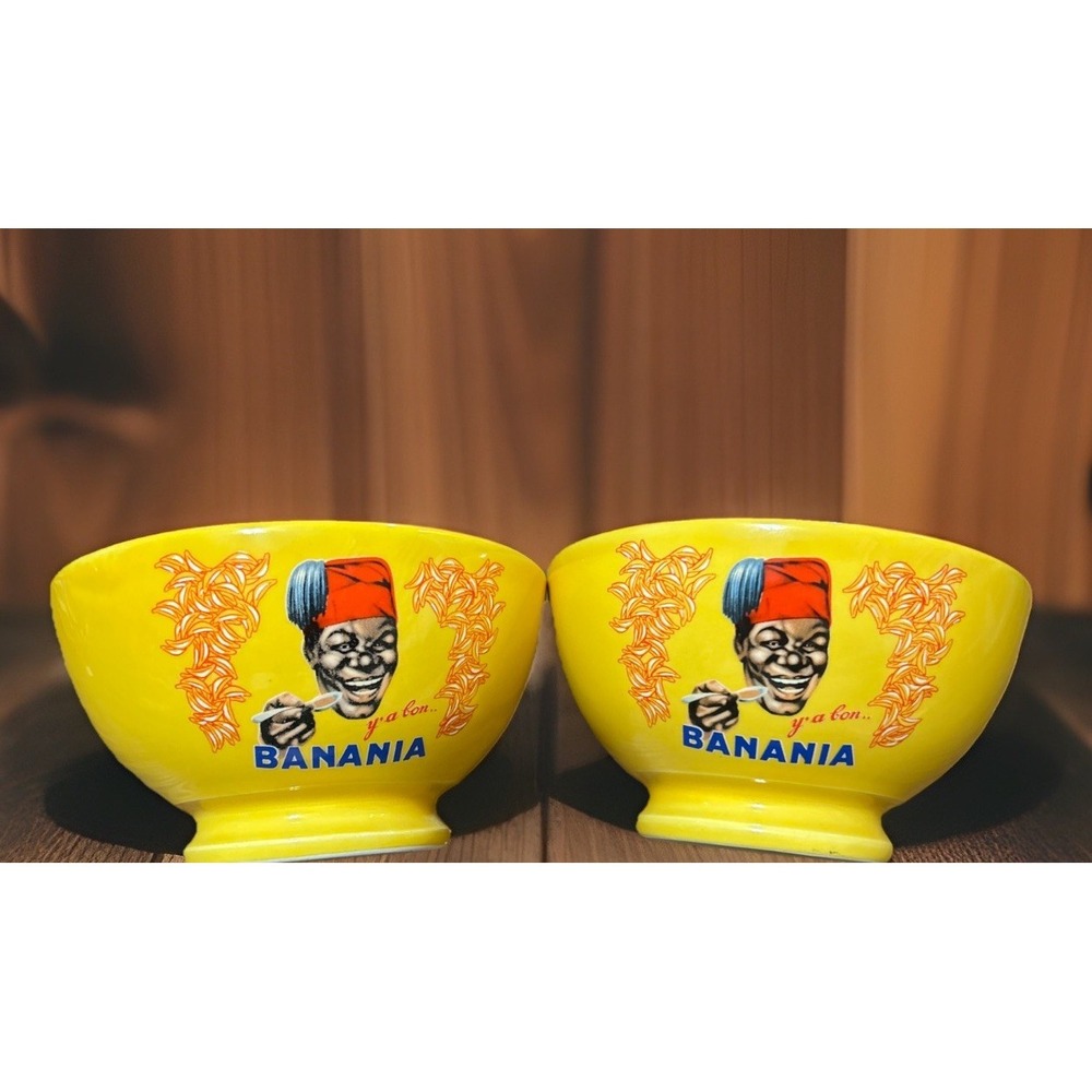 2 Vintage Banania Y' A BON Yellow Bowls France CPC Excellent Condition